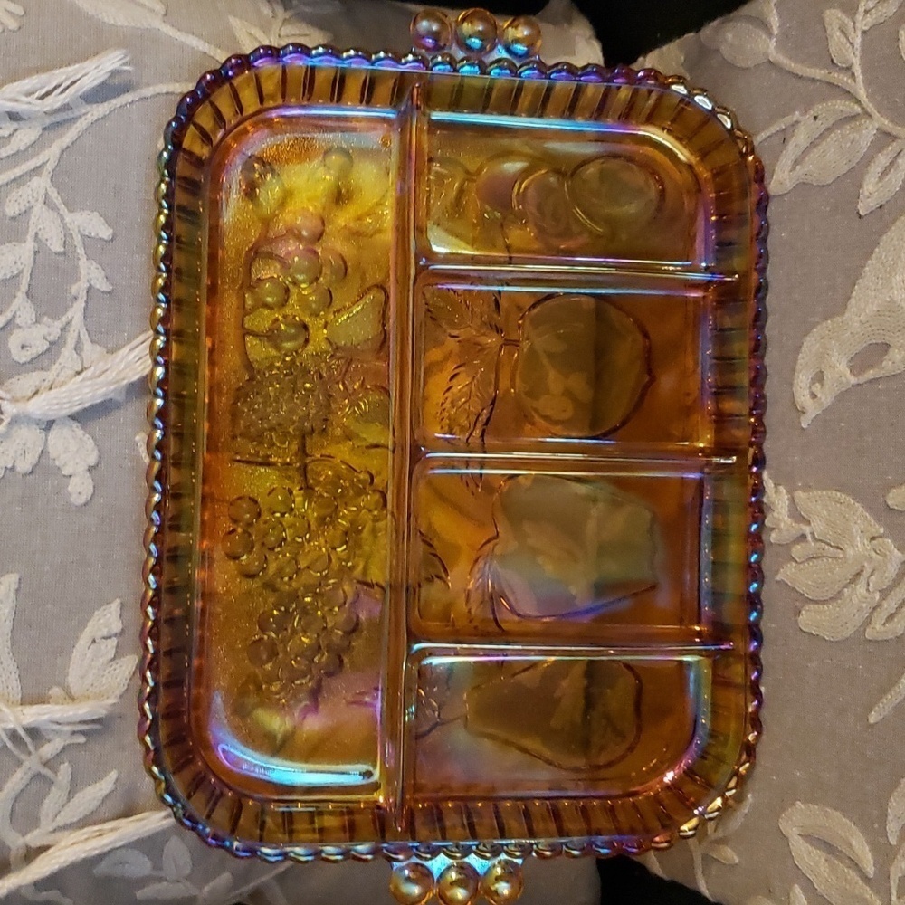 Vintage Indiana Glass Iridescent Amber Carnival Glass 5 Part Divided Relish Tray